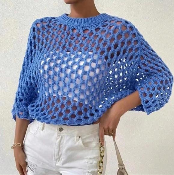 Sweaters - Women's Fashionable Blue Hollow Out Long Sleeve Pullover Sweater